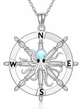14k White Gold Plated Nautical Octopus Compass Necklace for Women - Stylish